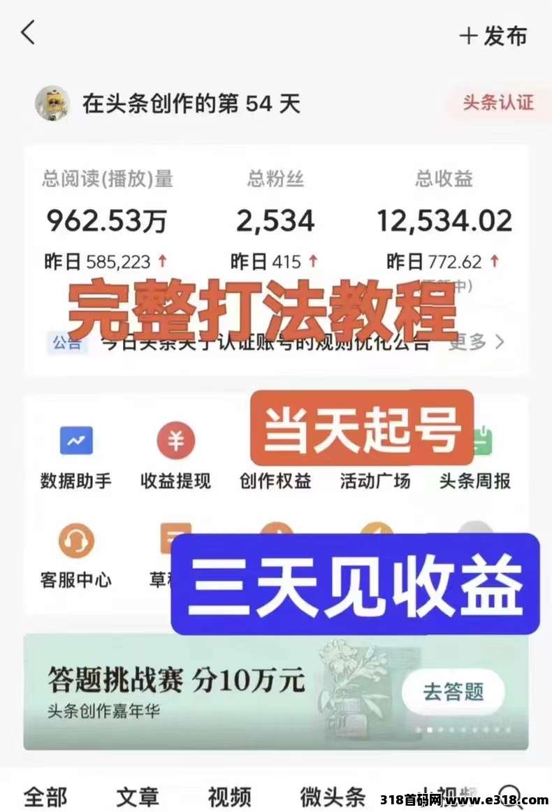 【久久尖职】2026头条代挂运营，你出号我提供素材