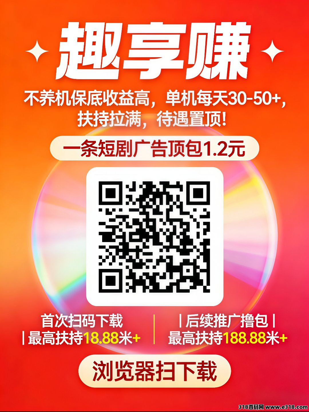 首码趣享赚，首次扫码下载即享高额扶持，解锁短剧看广告领红包，不养机保底收益高