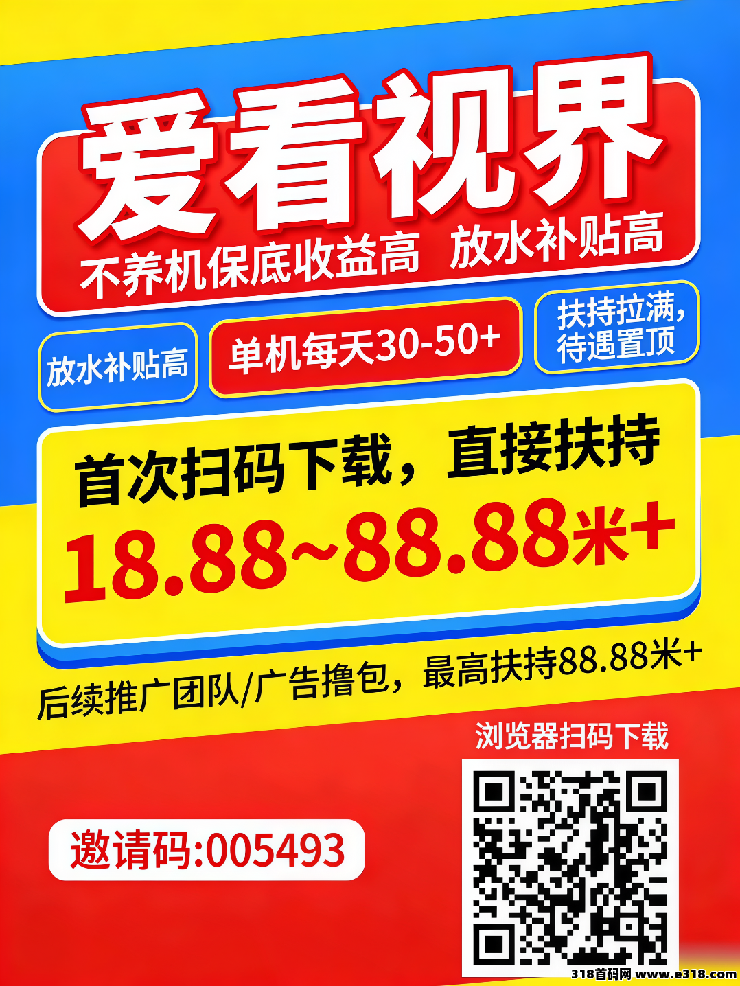 首码爱看视界，首次扫码下载即享高额扶持，可全自动养机，零撸广告赚，不养机保底收益高，放水中